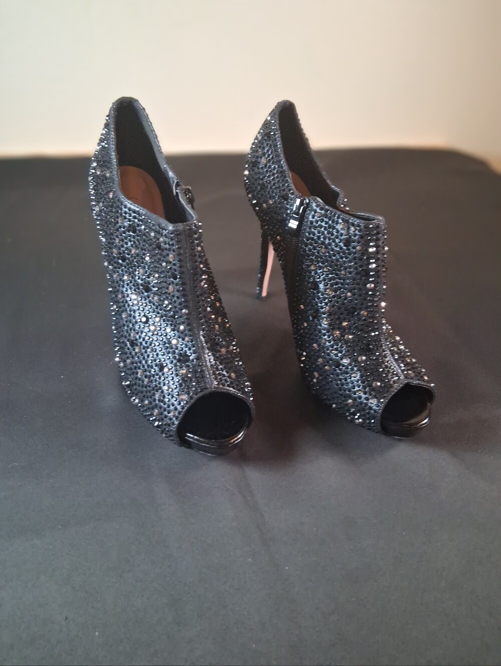 Lauren Lorraine Black Crystal Peep-Toe Stiletto Booties (Sku9)